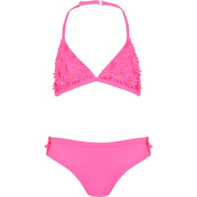 Girls pink 3D flower bikini