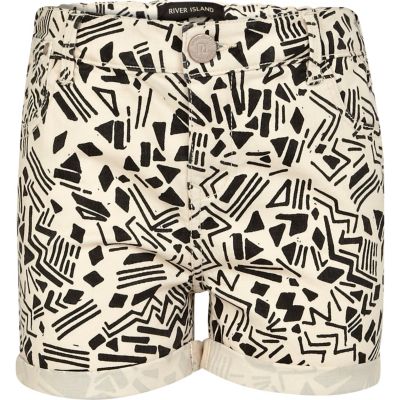 Girls cream aztec print denim shorts