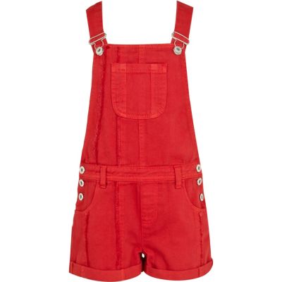 Girls red denim dungarees