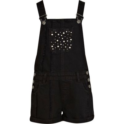 Girls black denim studded pocket dungarees