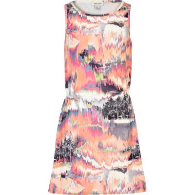 Girls coral palm print relaxed skater dress