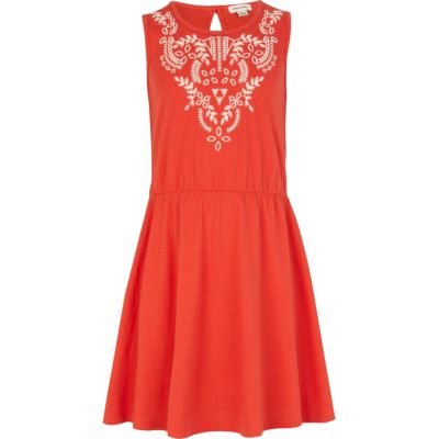 Girls red embroidered skater dress