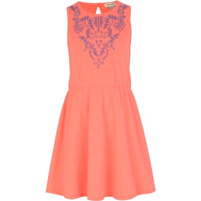 Girls fluro pink embroidered skater dress