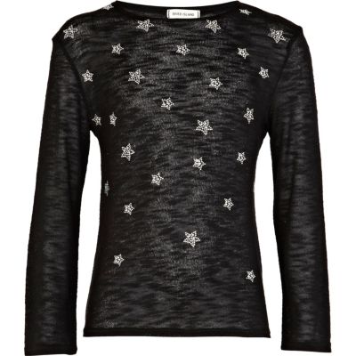 Girls black star embellished top