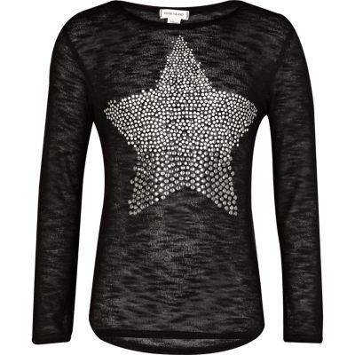 Girls black studded star top