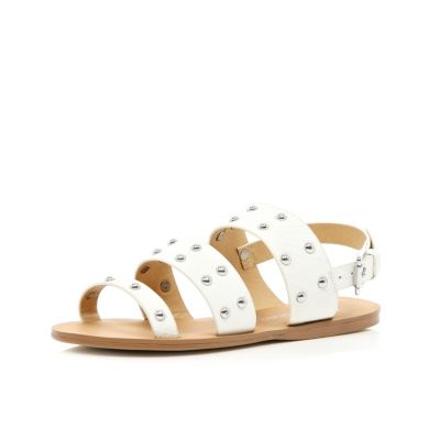 Girls white 3 strap studded sandals
