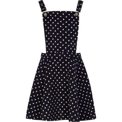 Girls navy heart print pinafore dress