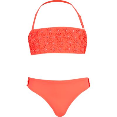 Girls coral 3D flower bandeau bikini