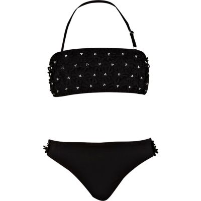 Girls black 3D flower bandeau bikini