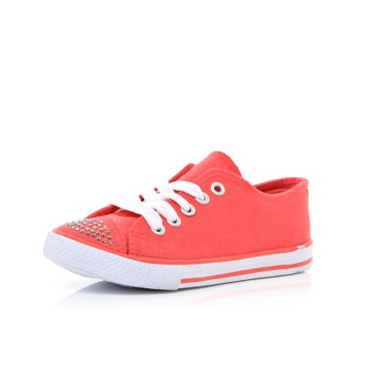Girls coral diamante canvas plimsolls