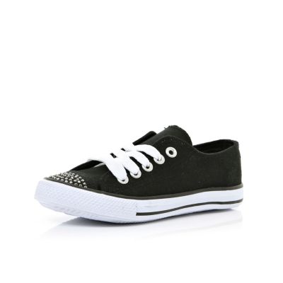 Girls black diamante canvas plimsolls
