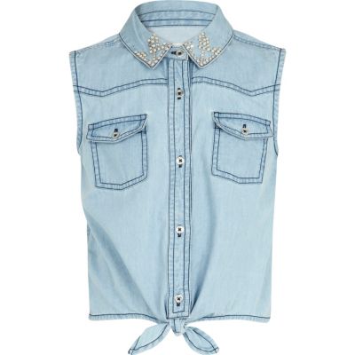 Girls blue studded collar tie front shirt