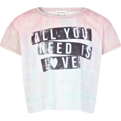 Girls pink all you need is love crop t-shirt