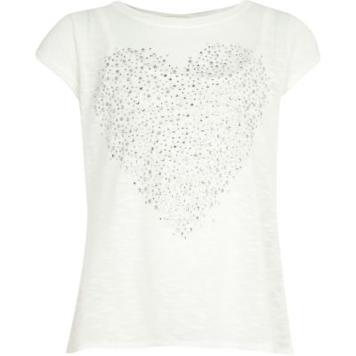 Girls white cross back studded heart top