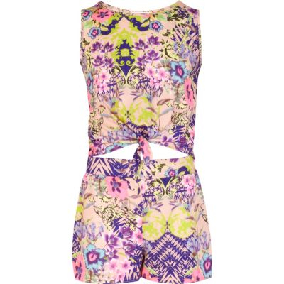 Girls pink floral tie top and shorts set