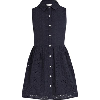 Girls navy broderie shirt dress