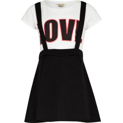 Girls black dungaree skater skirt and t-shirt