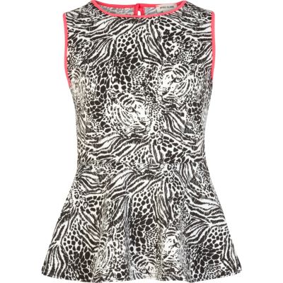 Girls black and cream tiger print peplum top