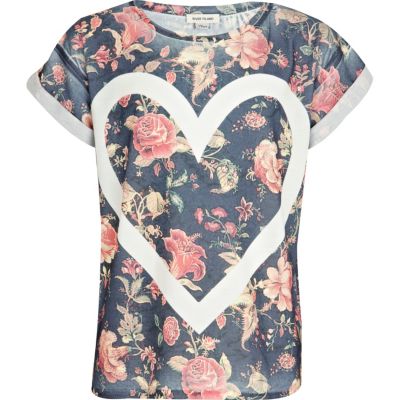 Girls navy floral heart outline t-shirt