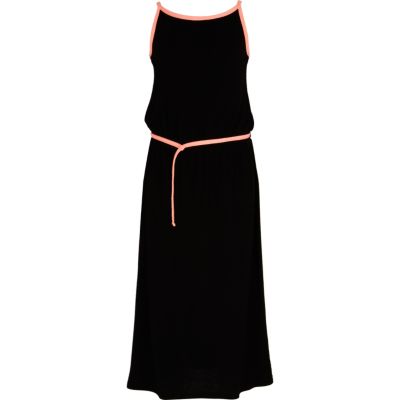 Girls black fluro trim maxi dress