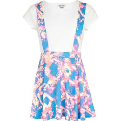 Girls blue dungaree skater skirt and t-shirt 