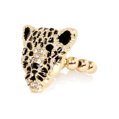 Girls gold tone leopard head stretch ring