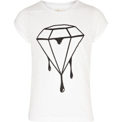 Girls white dripping diamond print t-shirt