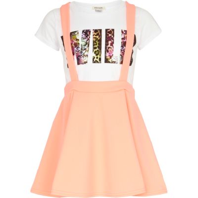 Girls coral dungaree skater skirt and t-shirt