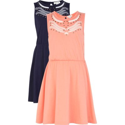 Girls orange and navy 2 pack dresses