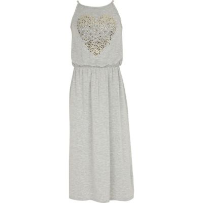 Girls grey embellished heart maxi dress