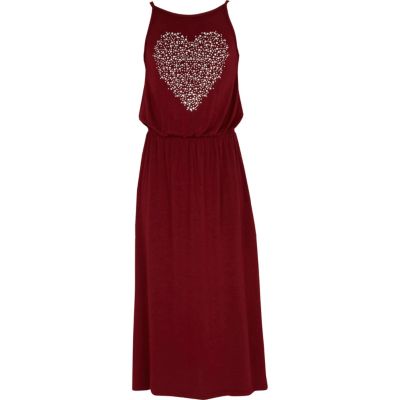 Girls dark red embellished heart maxi dress