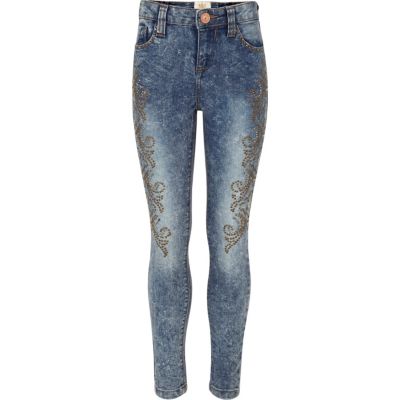 Girls blue acid wash embellished jeans