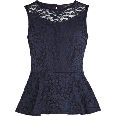 Girls navy lace peplum top