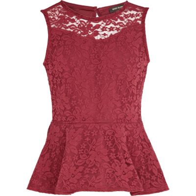 Girls dark red lace peplum top