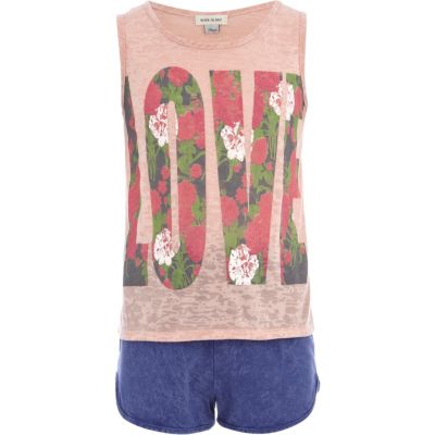 Girls pink Love tank and shorts set