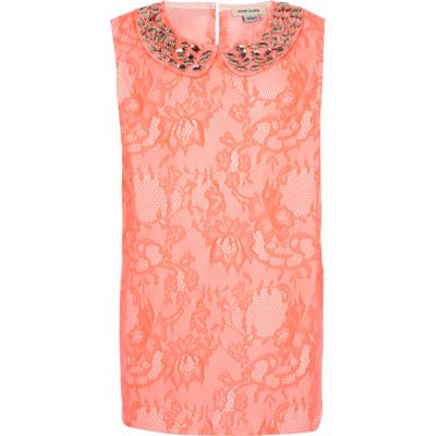 Girls coral embellished collar sleeveless top