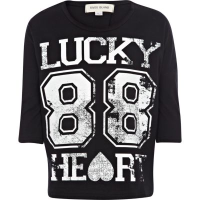 Girls black lucky heart 88 dolman sweat top