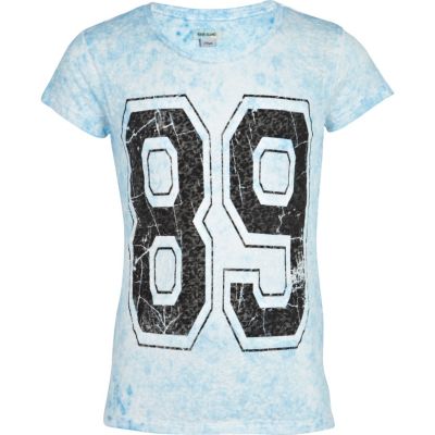 Girls blue 89 print overdye t-shirt