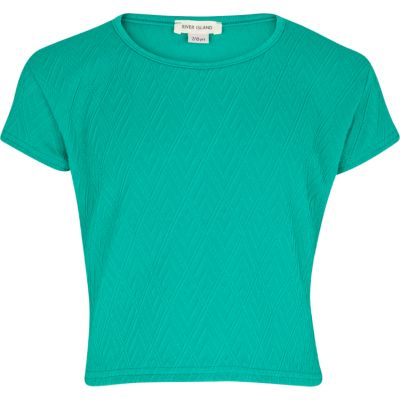 Girls green textured cap sleeve crop top