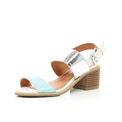 patent blue and silver metallic strap sandals with chunky heel heel ...