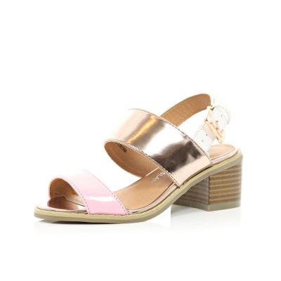 Girls pink colour block chunky heel sandals