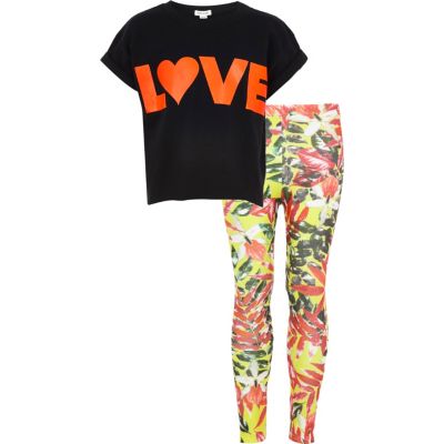 GIRLS BLACK LOVE PRINT WITH LEGGINGS SET