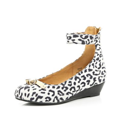 Girls white leopard print wedge shoes