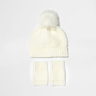 Mini girls cream bobble hat and handwarmers - baby girls accessories - mini g...