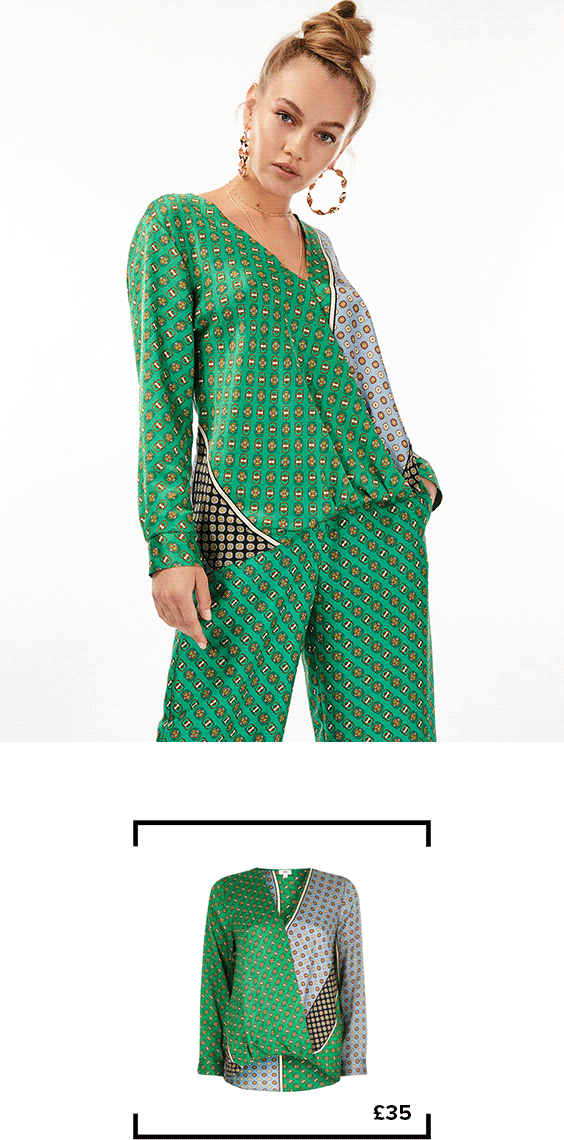 Green tile print tuck front blouse