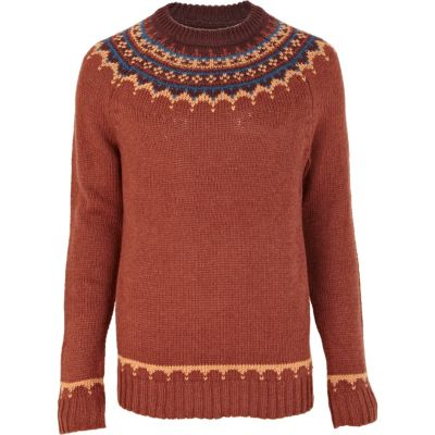 Rust fairisle yoke jumper - jumpers / cardigans - sale - men