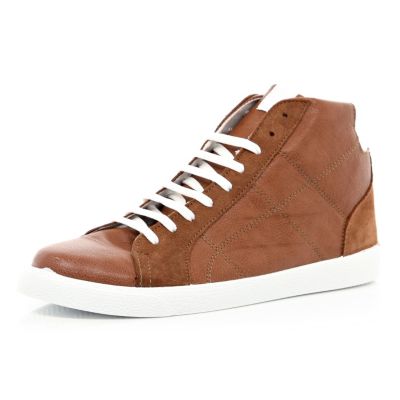 Brown contrast panel high top trainers - shoes / boots - sale - men