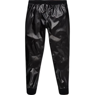 Black leather-look joggers