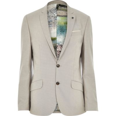 Beige linen-blend print slim suit jacket - suits - sale - men