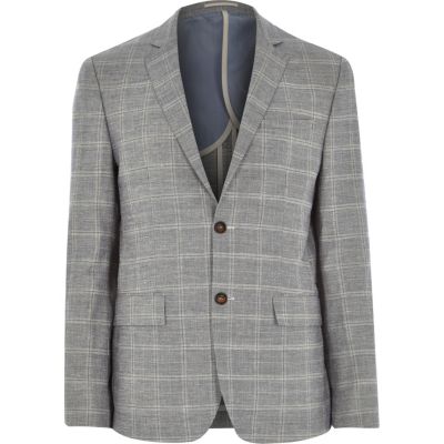 Grey check linen-blend slim suit jacket - blazers - sale - men